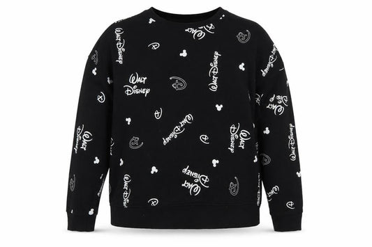 Front view of Disney women’s black sweatshirt l logo print pullover primark cares