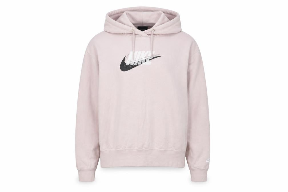 Front view of Nike women’s pink pullover hoodie xs cotton blend logo sweatshirt