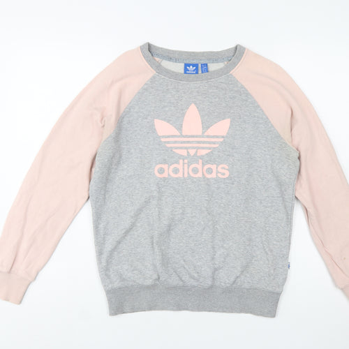 Adidas Women Grey Pink Logo Raglan Sweatshirt Size 12