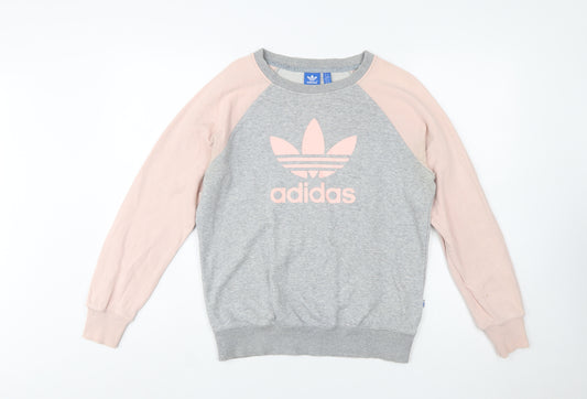 Adidas Women Grey Pink Logo Raglan Sweatshirt Size 12