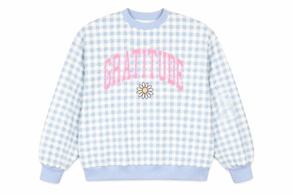 Front view of Missguided Women Blue Gingham Gratitude Sweatshirt UK 14