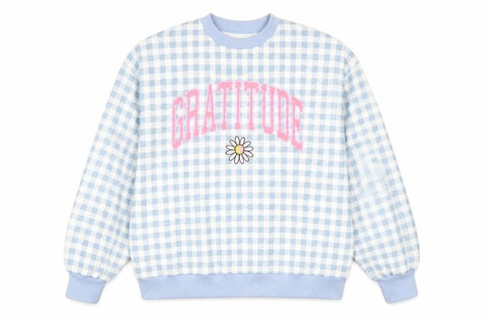 Front view of Missguided Women Blue Gingham Gratitude Sweatshirt UK 14
