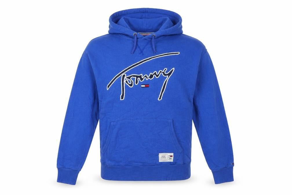 Front view of Tommy Jeans Men's Blue Pullover Hoodie M Logo Embroidered