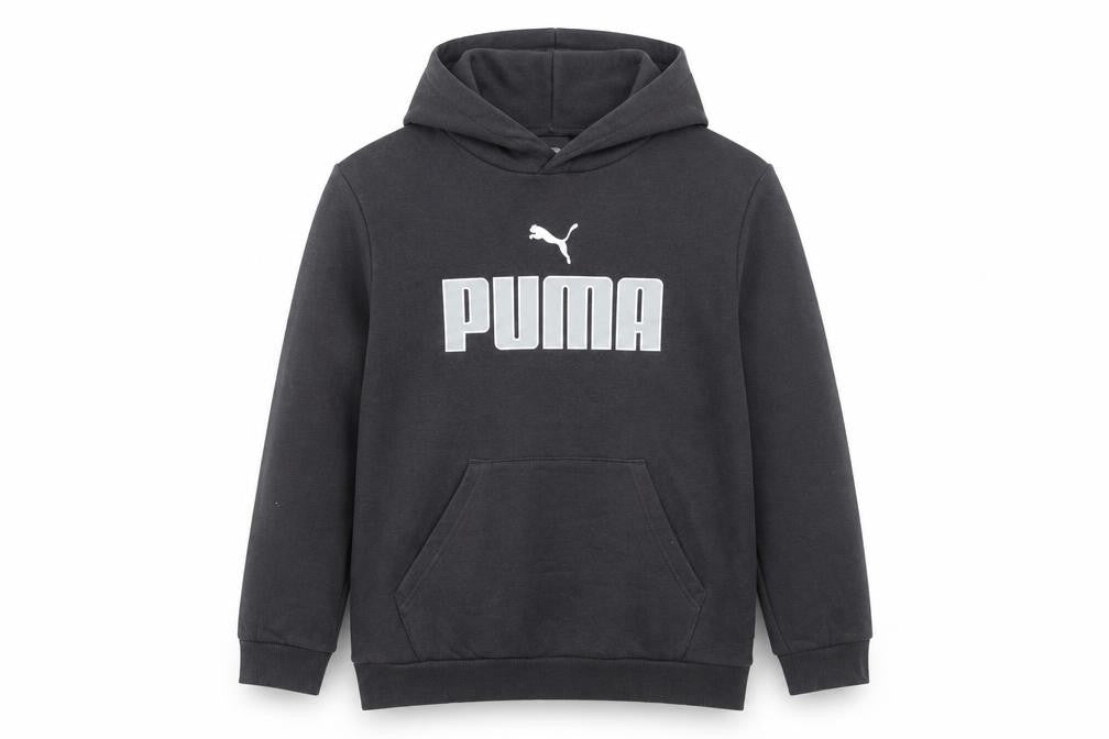 Front view of Puma boys’ black pullover hoodie, size 13-14, years cotton blend