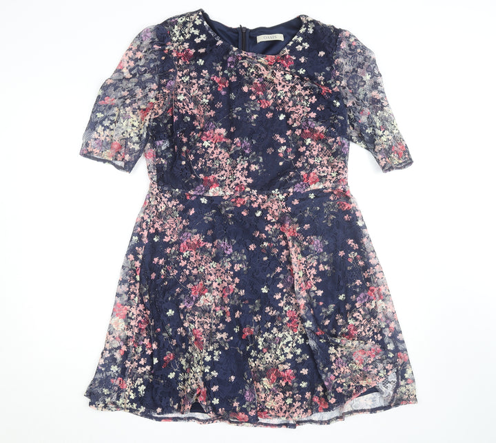 Oasis Women Blue Floral Lace A-Line Knee Length Dress L