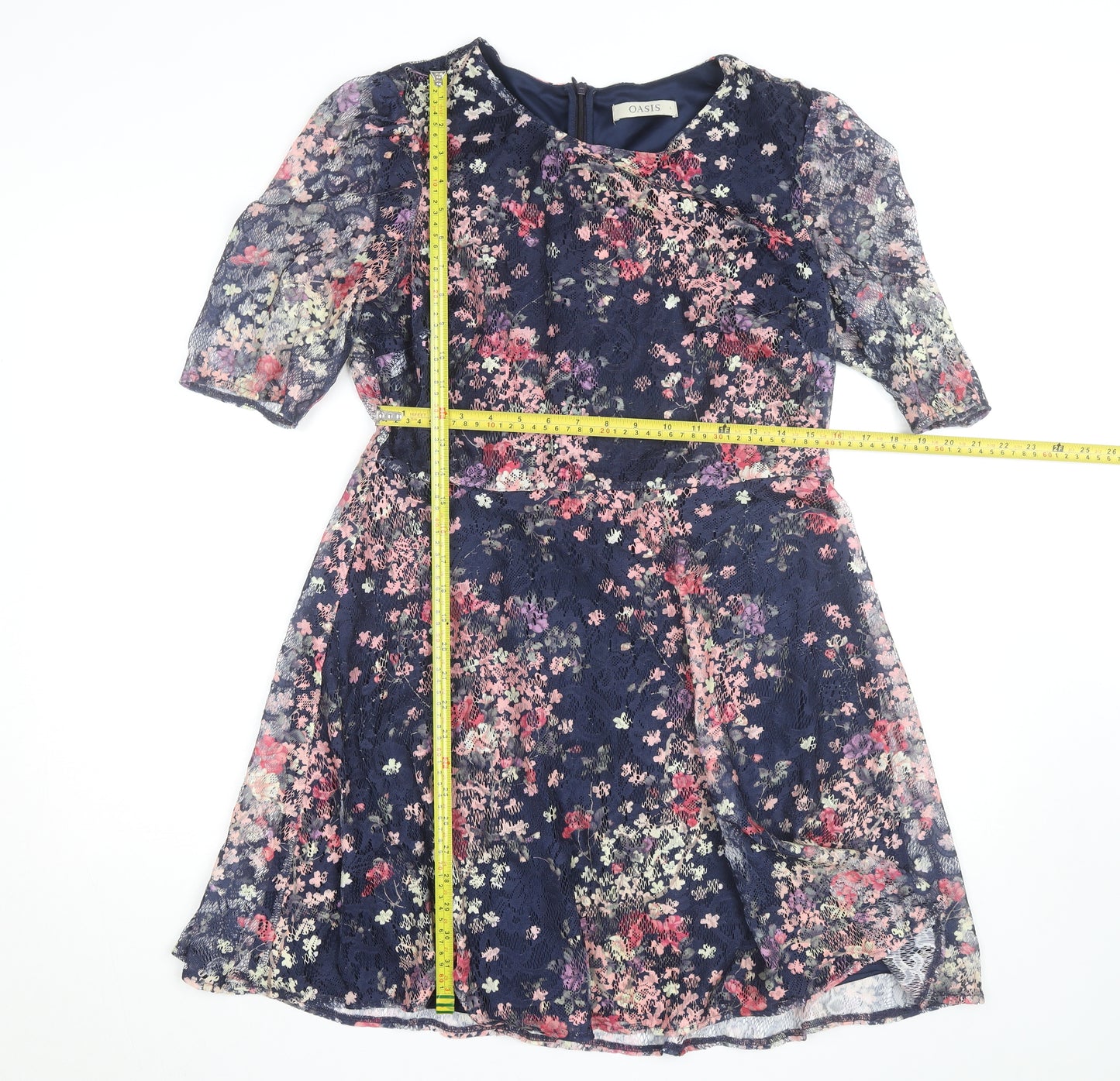 Oasis Women Blue Floral Lace A-Line Knee Length Dress L