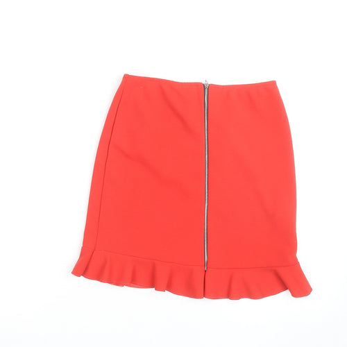 New Look Women's Red Size 8 High Rise Pencil Skirt with Ruffle Hem