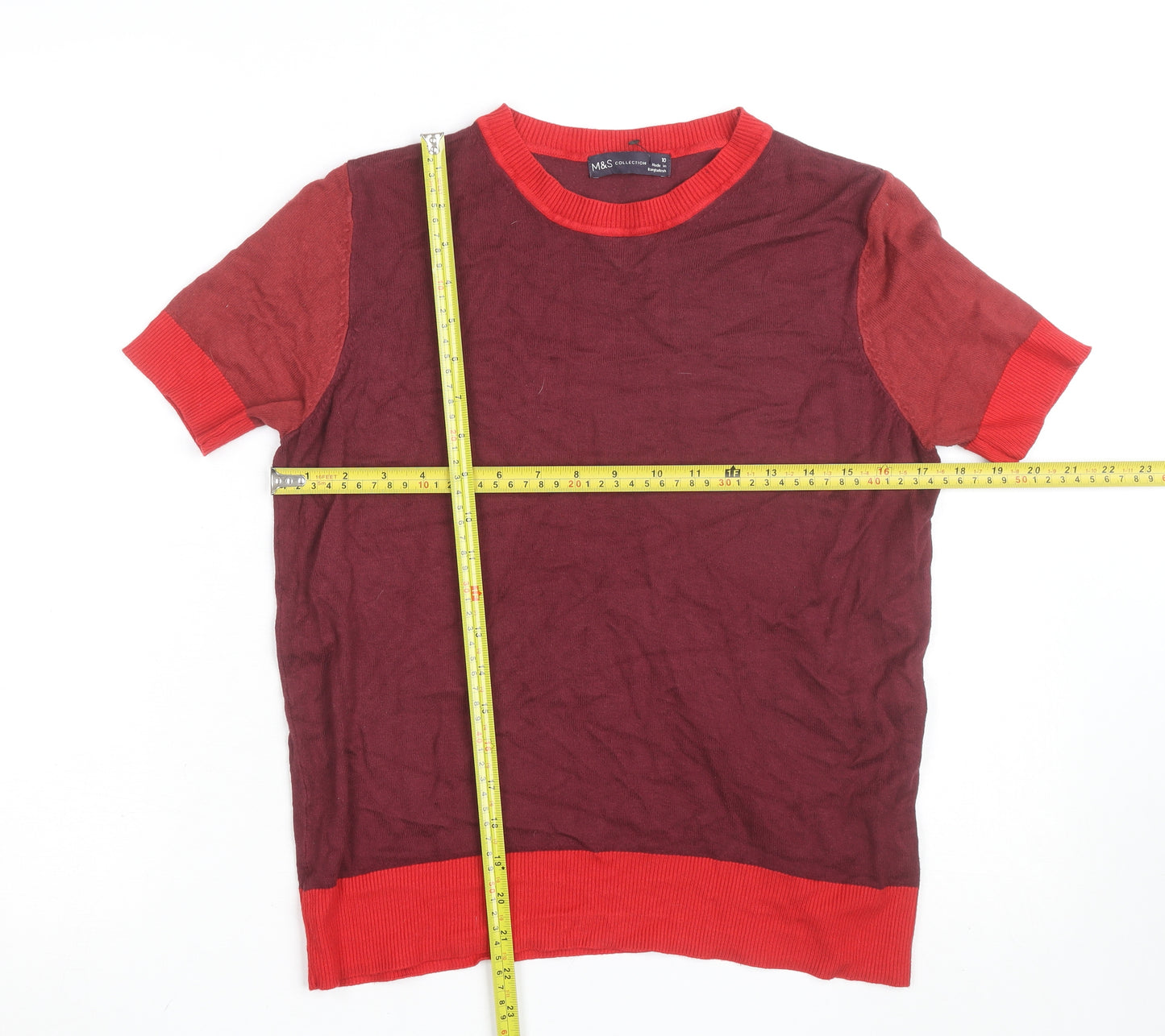 Marks and Spencer Women's Red Colourblock Knit Short Sleeve Top Size 10