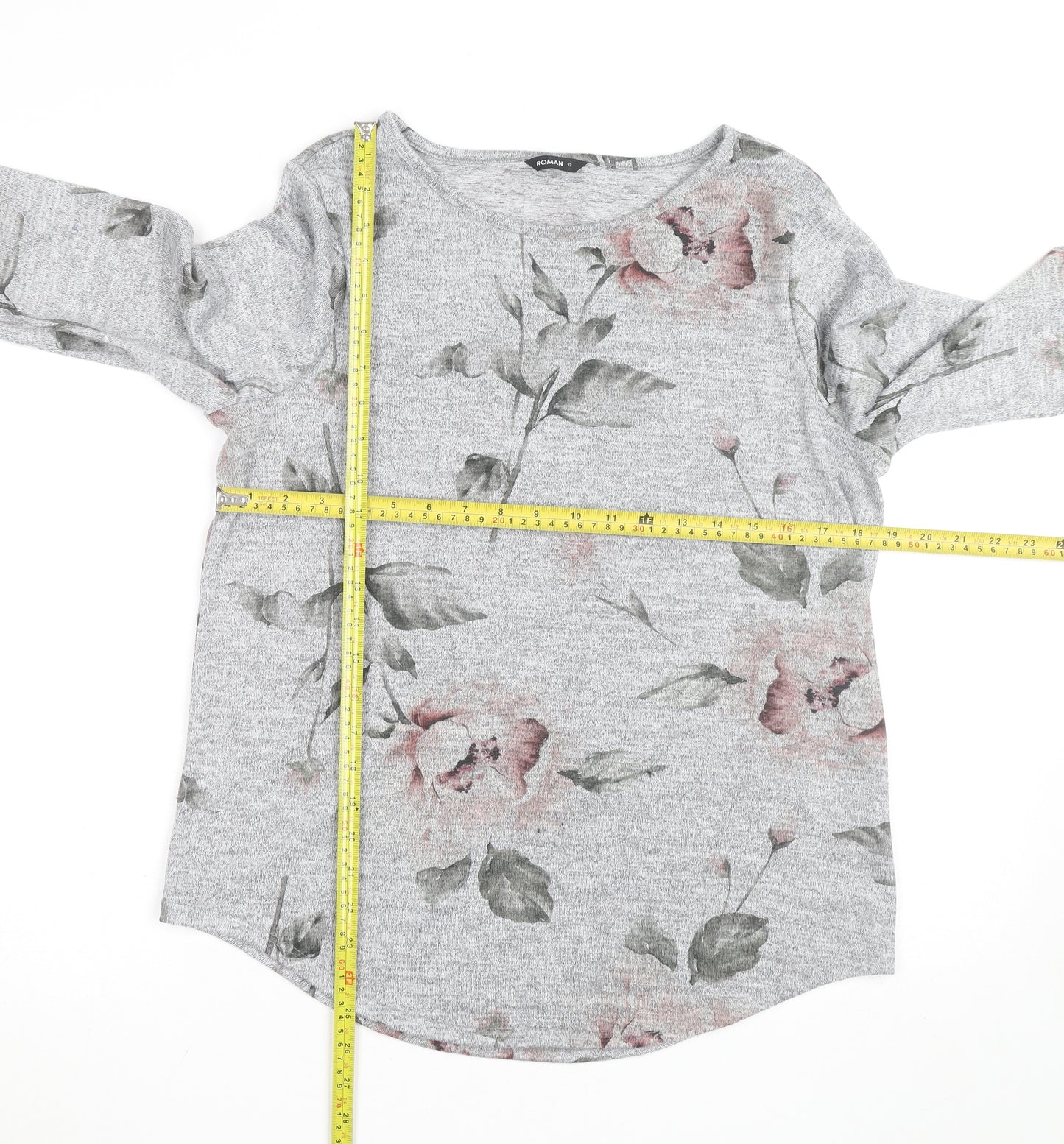 Roman Women’s Grey Floral Jersey 3/4 Sleeve T-Shirt Size 12