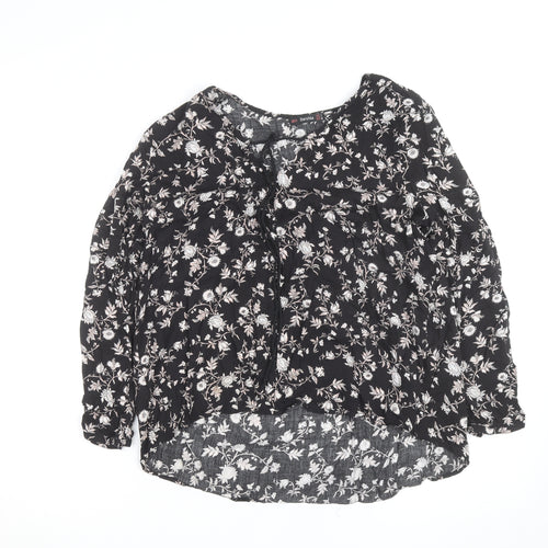 Bershka Womens Black Floral Tunic Blouse Size 12 Viscose Long Sleeve