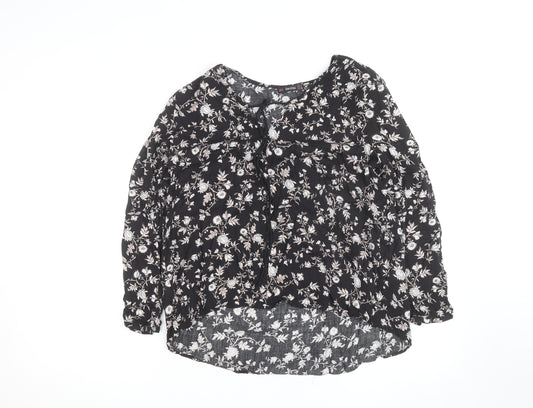 Bershka Womens Black Floral Tunic Blouse Size 12 Viscose Long Sleeve