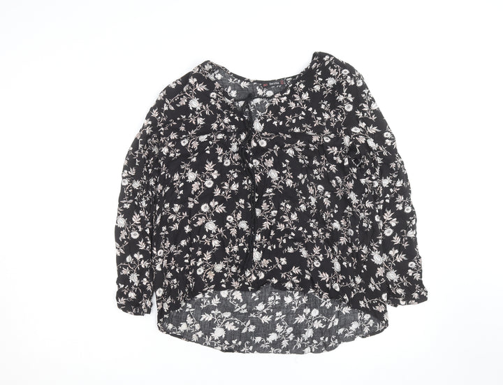Bershka Womens Black Floral Tunic Blouse Size 12 Viscose Long Sleeve