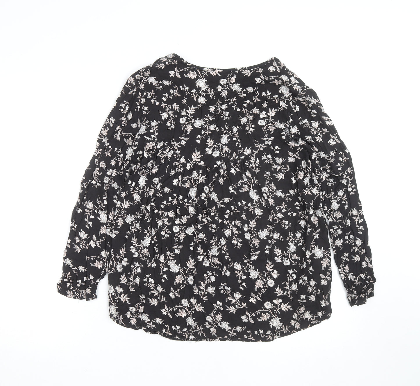 Bershka Womens Black Floral Tunic Blouse Size 12 Viscose Long Sleeve