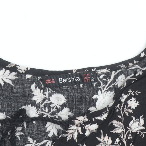 Bershka Womens Black Floral Tunic Blouse Size 12 Viscose Long Sleeve