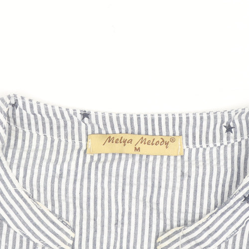 Melya Melody Women's Blue Striped Tunic Blouse Size M Cotton