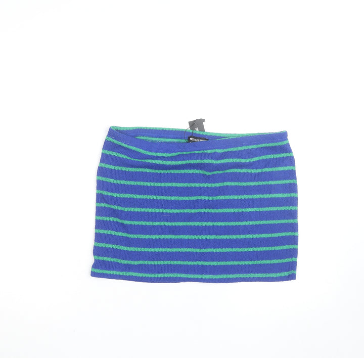 PrettyLittleThing Women Blue Green Striped Mini Knitted Skirt UK 16