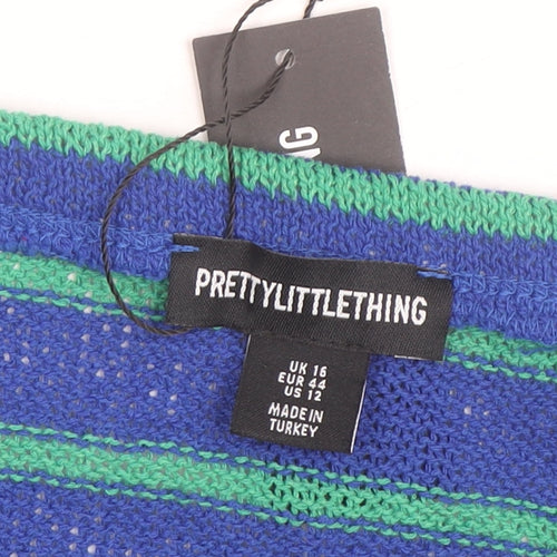 PrettyLittleThing Women Blue Green Striped Mini Knitted Skirt UK 16
