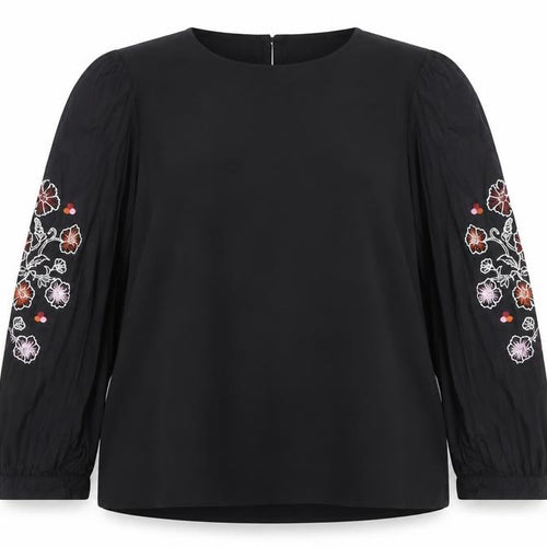 Great Plains Women Black Embroidered Long Sleeve Blouse Size 12