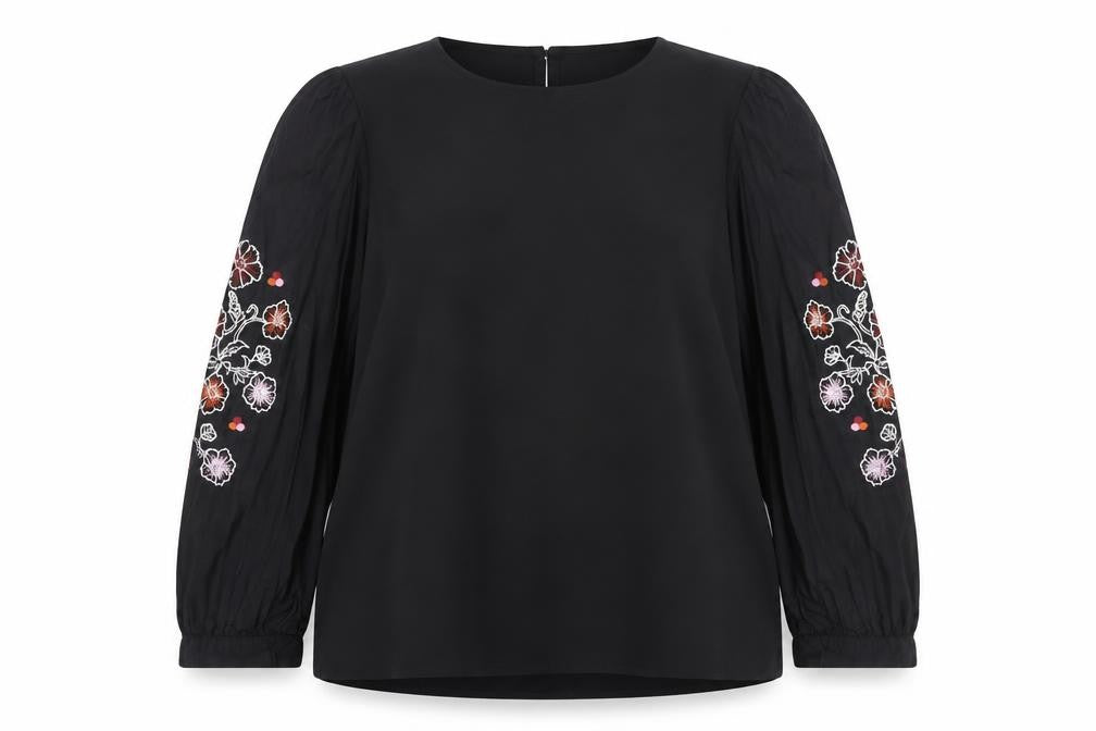 Great Plains Women Black Embroidered Long Sleeve Blouse Size 12