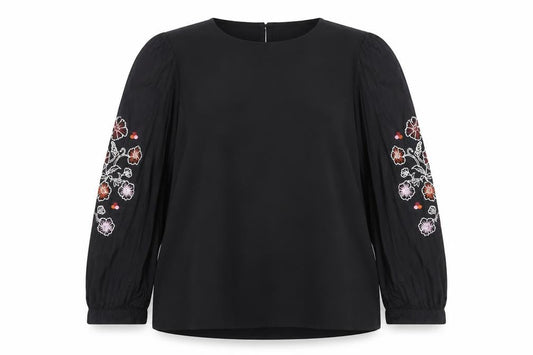 Front view of Great Plains Women Black Embroidered Long Sleeve Blouse, size 12