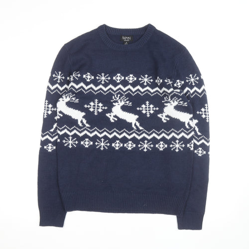 boohooMAN Men's Blue Reindeer Fair Isle Christmas Jumper Size M