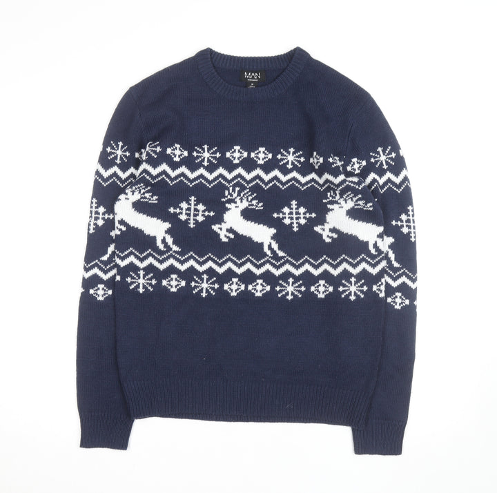 boohooMAN Men's Blue Reindeer Fair Isle Christmas Jumper Size M