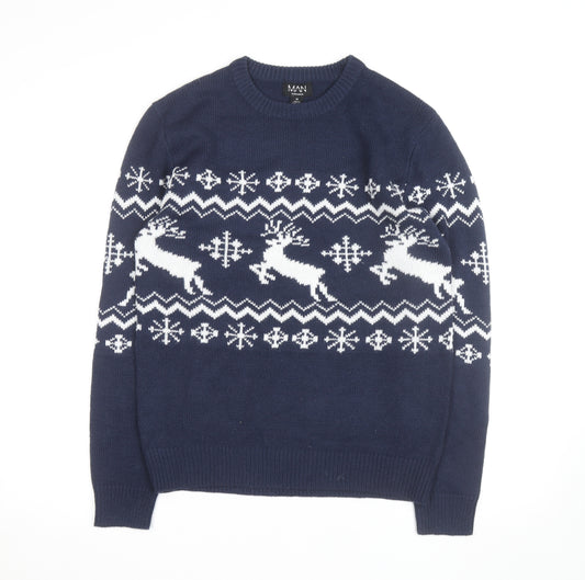 boohooMAN Men's Blue Reindeer Fair Isle Christmas Jumper Size M