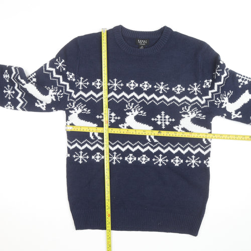 boohooMAN Men's Blue Reindeer Fair Isle Christmas Jumper Size M