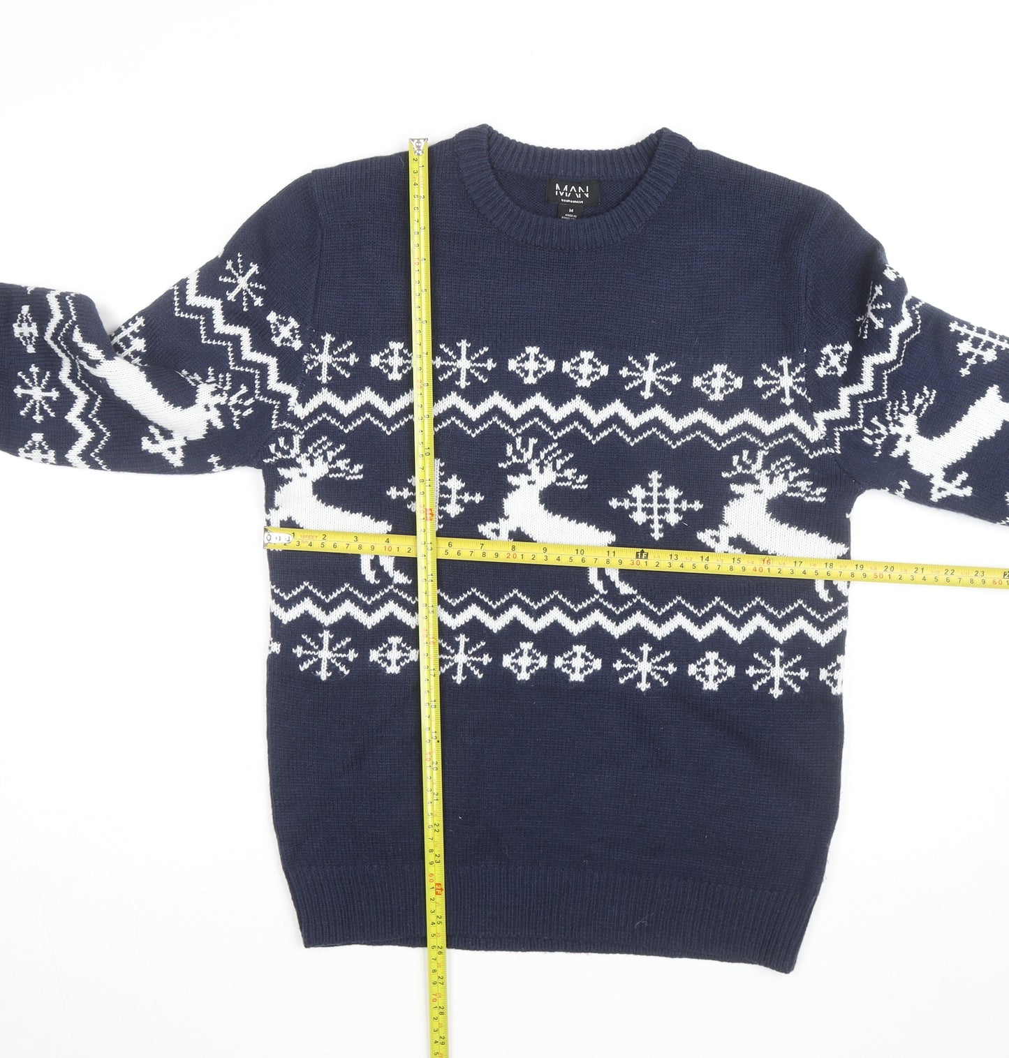 boohooMAN Men's Blue Reindeer Fair Isle Christmas Jumper Size M