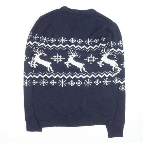 boohooMAN Men's Blue Reindeer Fair Isle Christmas Jumper Size M