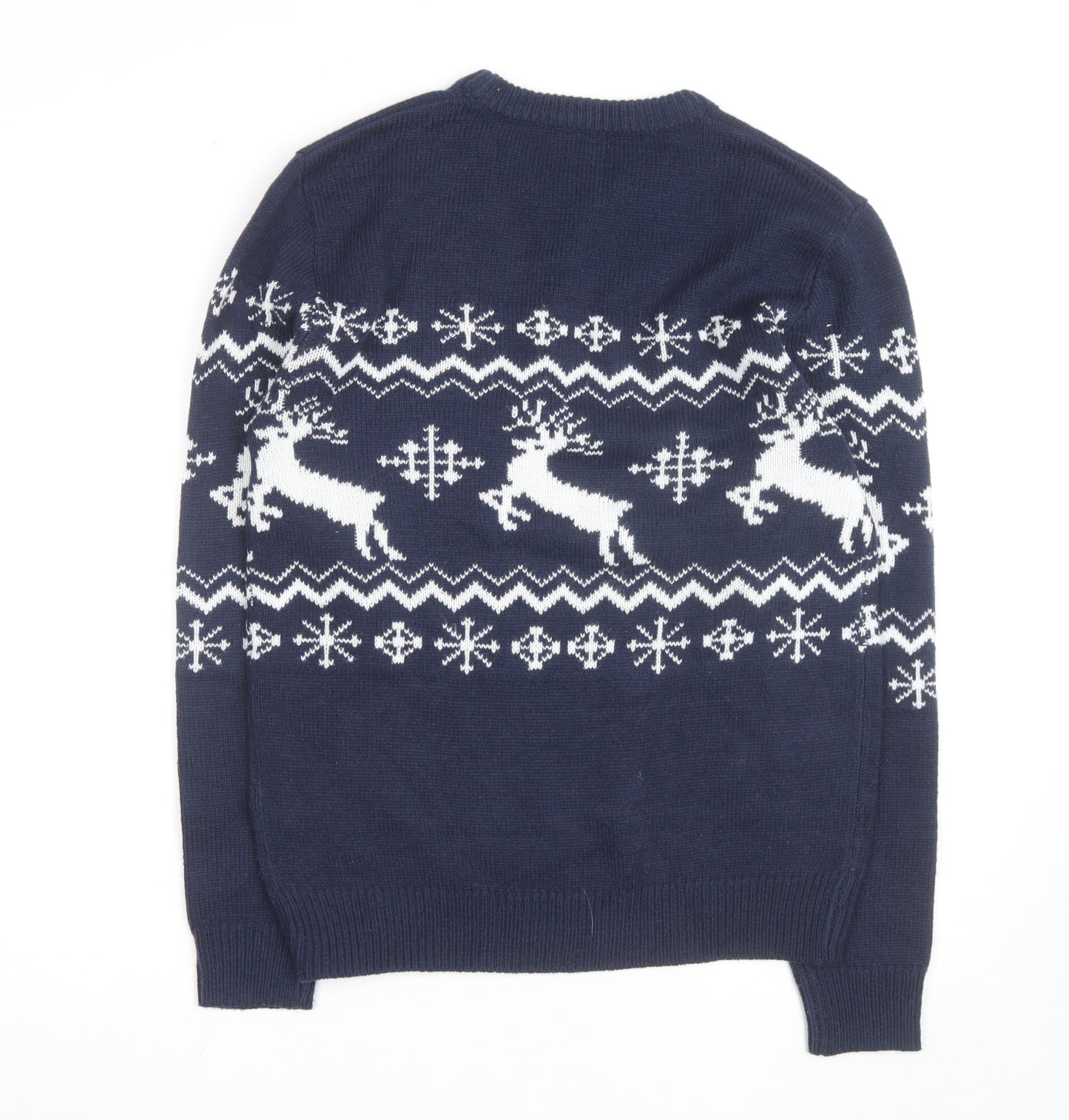 boohooMAN Men's Blue Reindeer Fair Isle Christmas Jumper Size M