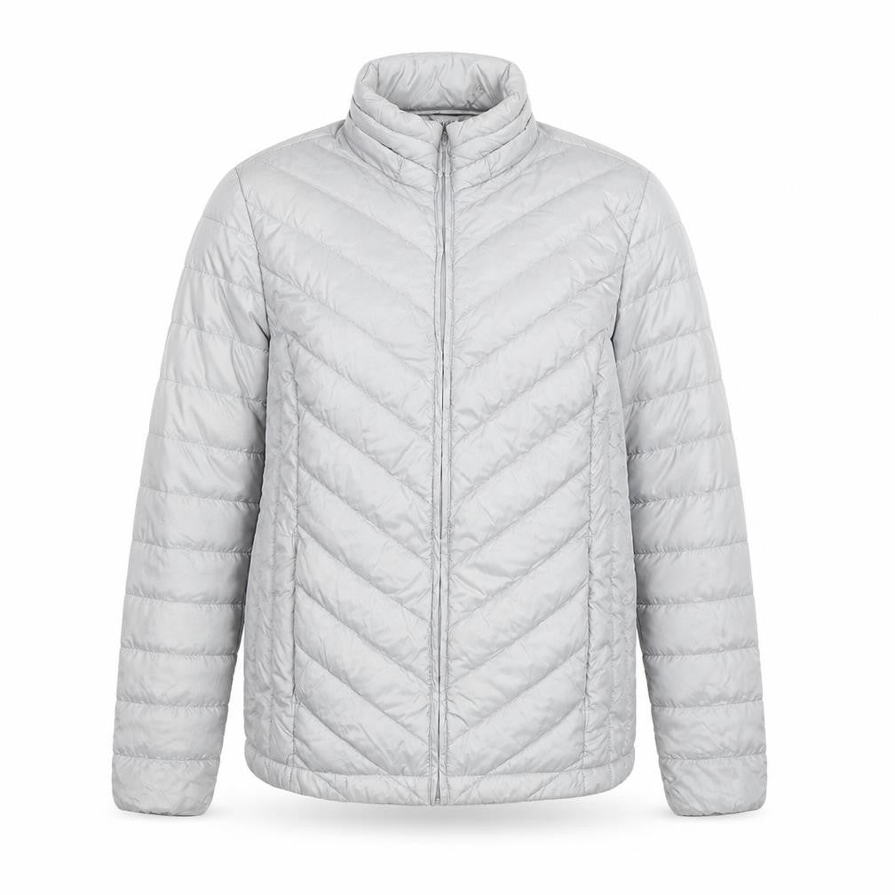 Front view of 32 Degrees Heat Men's Grey Lightweight Puffer Jacket, size S