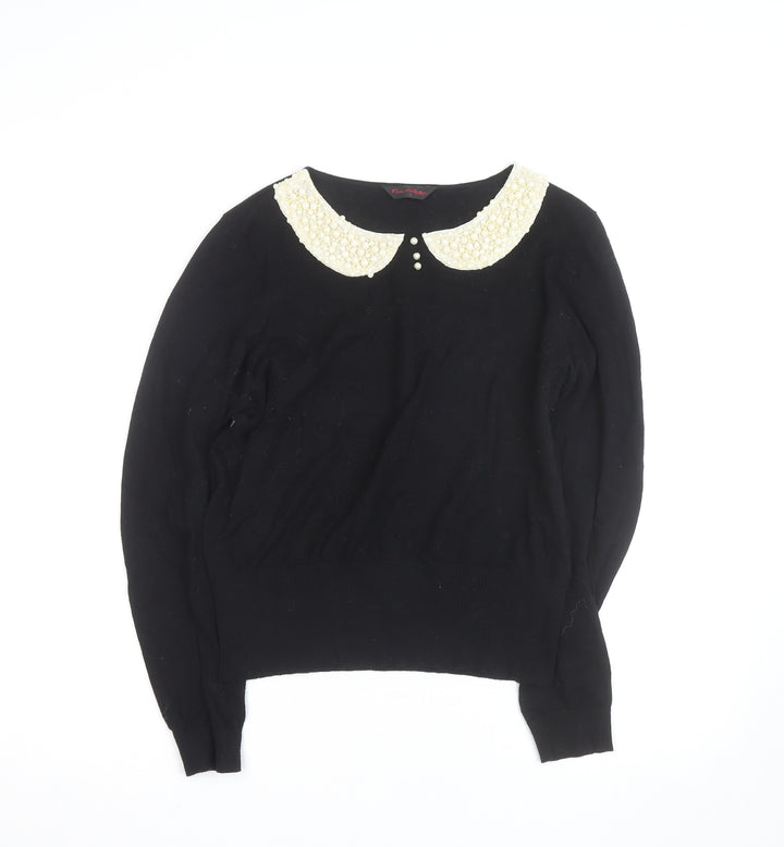 Miss Selfridge Women’s Black Beaded Collar Cotton Jumper Size 16