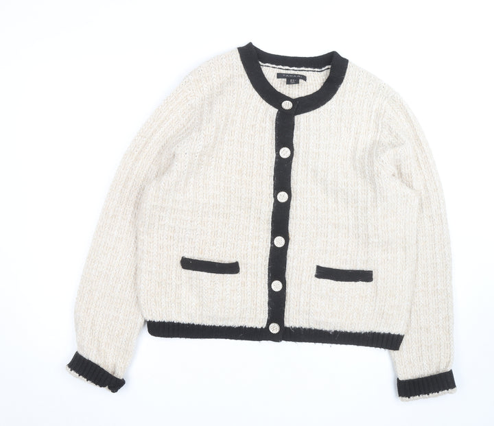 Tahari Women Beige Black Cardigan XL Long Sleeve Classic Knit