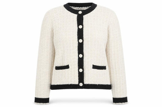 Front view of Tahari Women Beige Black Cardigan XL Long Sleeve Classic Knit