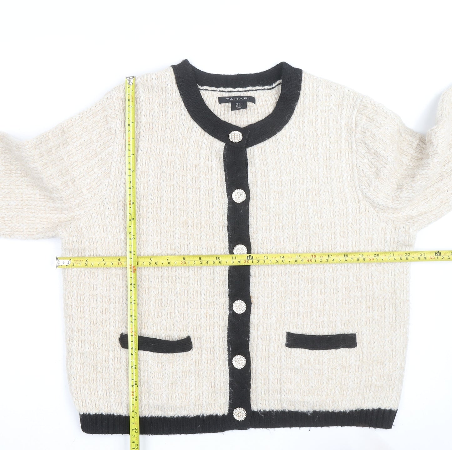 Tahari Women Beige Black Cardigan XL Long Sleeve Classic Knit