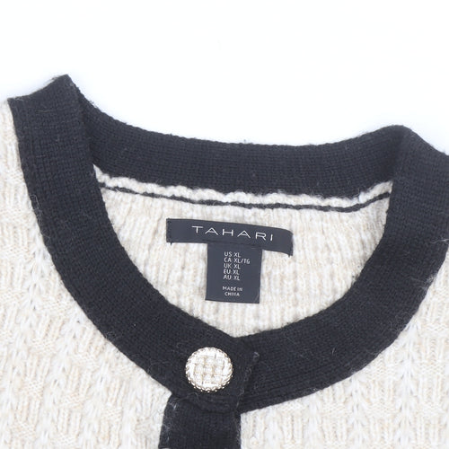 Tahari Women Beige Black Cardigan XL Long Sleeve Classic Knit