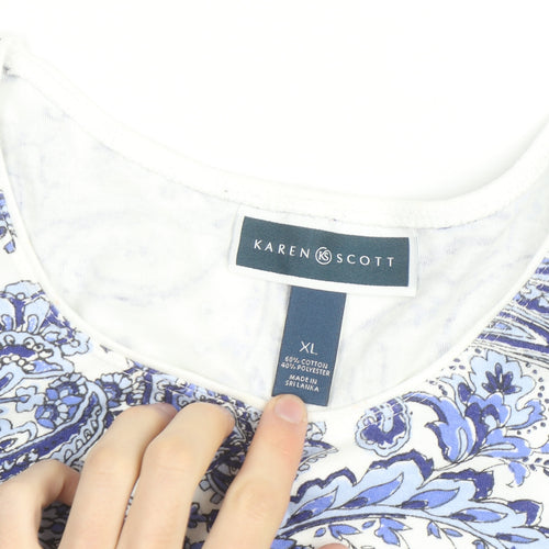 Karen Scott Women Blue Paisley Long Sleeve Cotton Blend Top XL