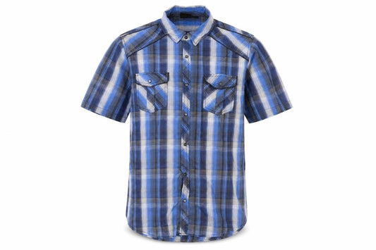 Front view of Burnside Men's Blue Plaid Short Sleeve Button-Up Shirt XL