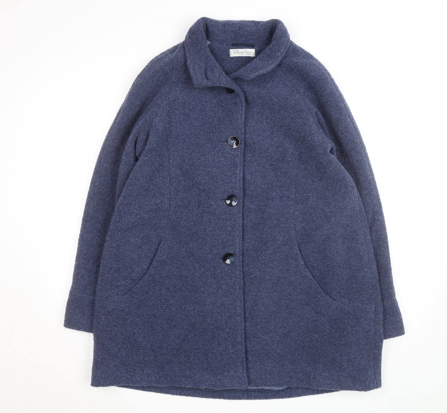 David Nieper Women Blue Wool Blend Mid-Length Overcoat UK 42