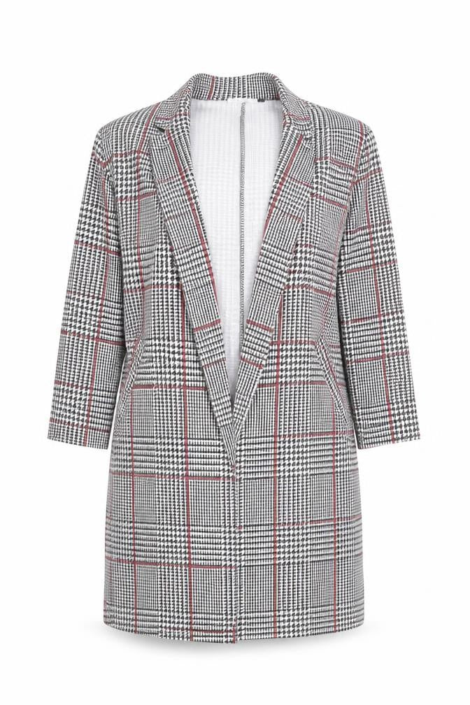 Front view of Spotted Women's Grey Check Longline Blazer, size 10, Classic Workwear