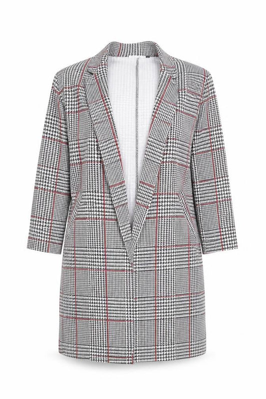 Front view of Spotted Women's Grey Check Longline Blazer, size 10, Classic Workwear