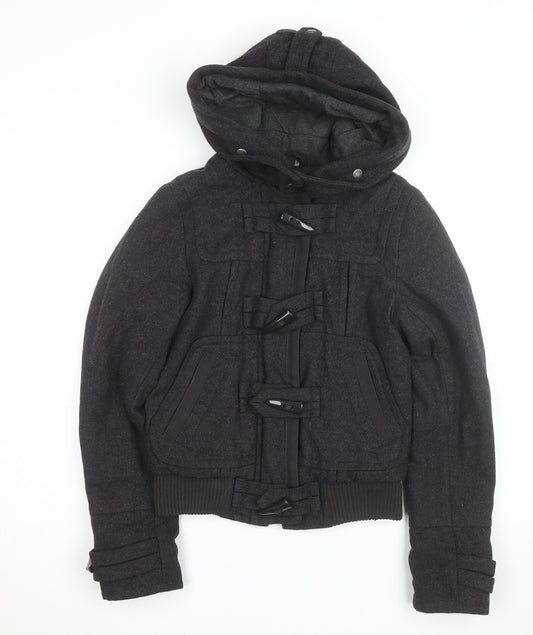 Topshop Women Black Wool Blend Duffle Hooded Jacket Size 6