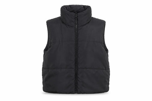 Front view of Rebellious women’s black puffer waistcoat uk 8 sleeveless full zip