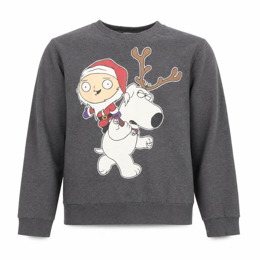 Front view of Family Guy Men's Grey Christmas Graphic Sweatshirt, size L