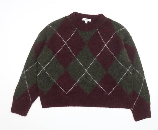 Marks and Spencer Women Burgundy Green Argyle Wool Blend Jumper M
