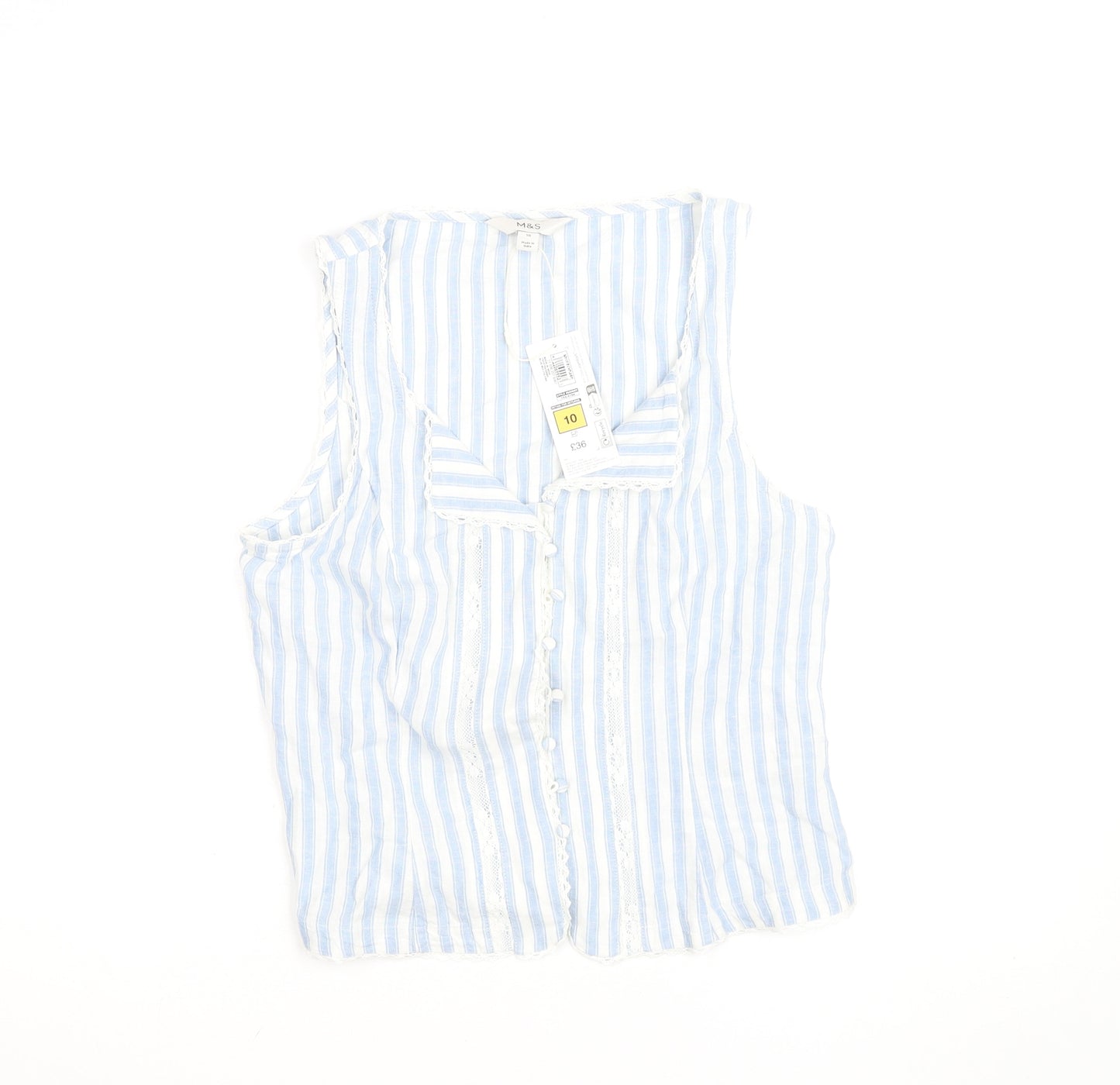 Marks and Spencer Womens Blue Striped Sleeveless Cotton Blend Blouse Size 10