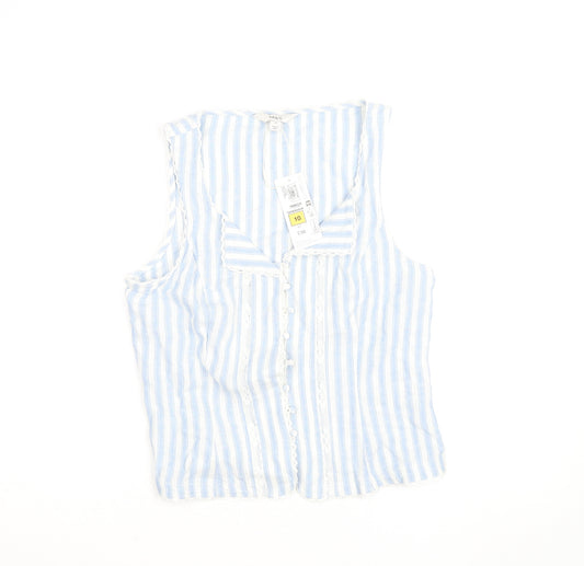 Marks and Spencer Womens Blue Striped Sleeveless Cotton Blend Blouse Size 10