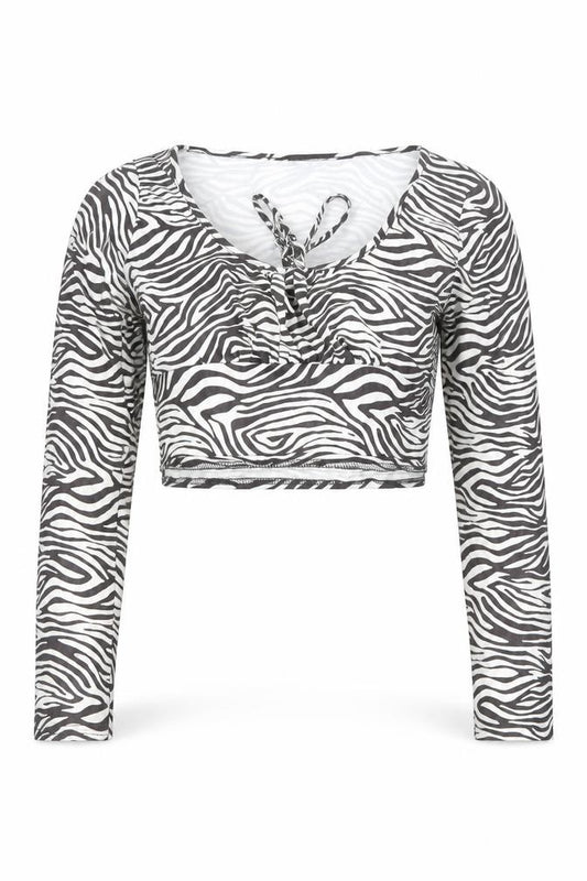 Front view of Wednesday's Girl Women's Multicoloured Zebra Print Cropped V-Neck Long Sleeve Top M