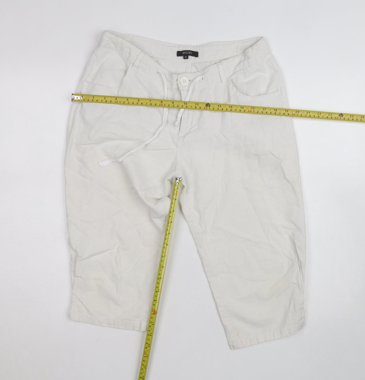 Mystify Women’s White Linen Chino Shorts Size 12 Drawstring Casual